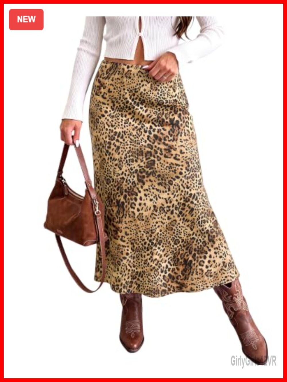 Women Satin Maxi Skirt Leopard Print Elastic Waist A-Line Flowy